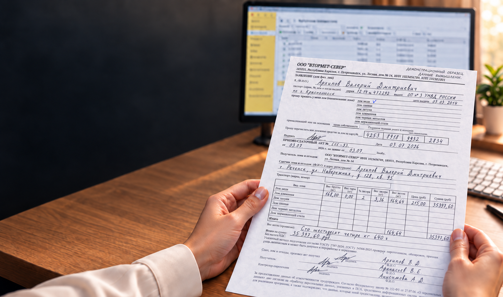 Приёмо-сдаточный акт в руках бухгалтера перед экраном 1С